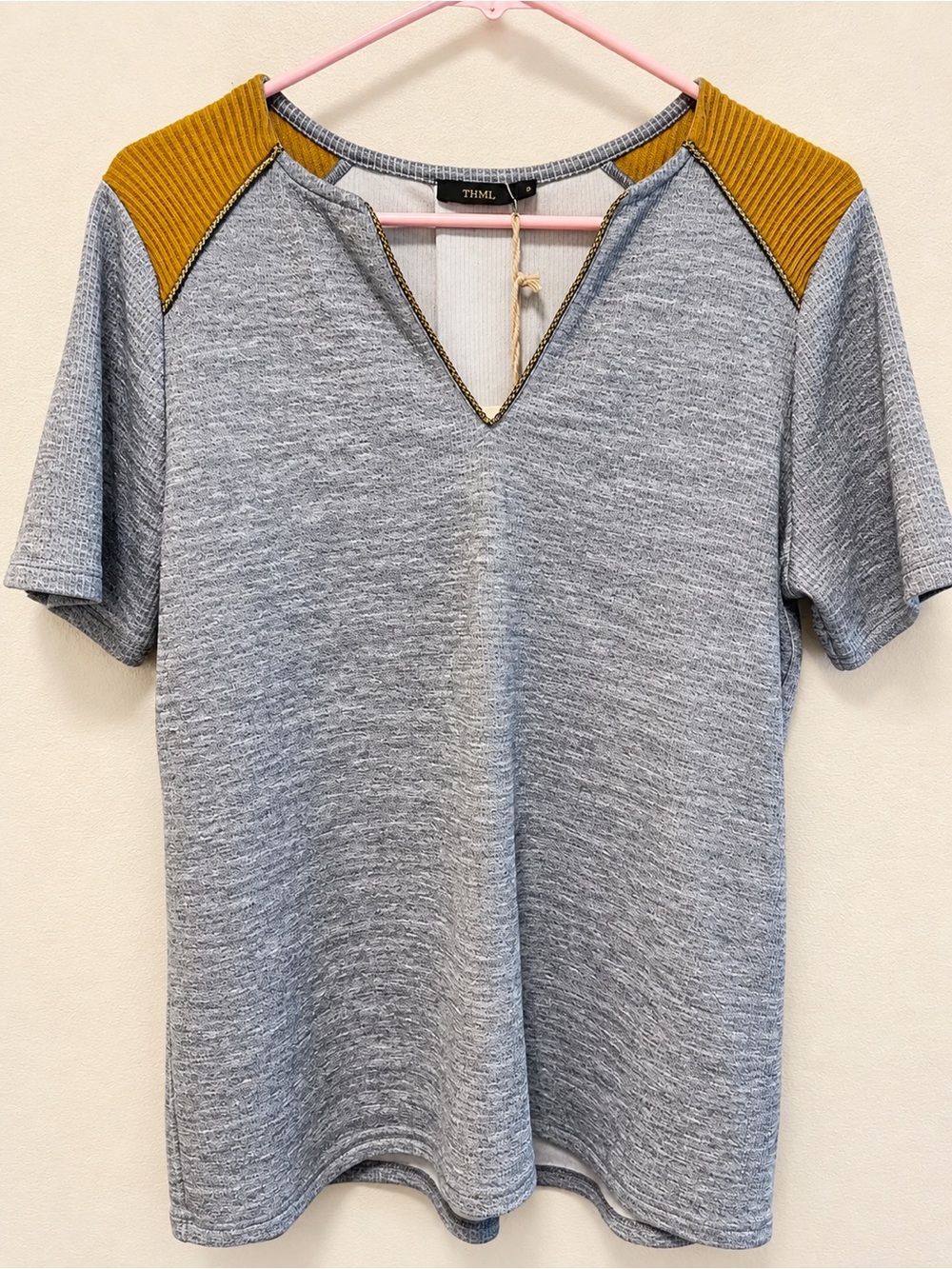 THML Gray Short Sleeve Tee with Mustard Shoulder Panels